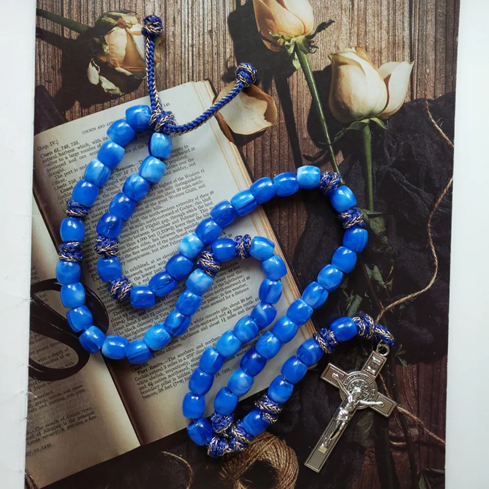 St Benedict Crucifix Rosary Necklace With Blue Beaded Chain_voghion.com