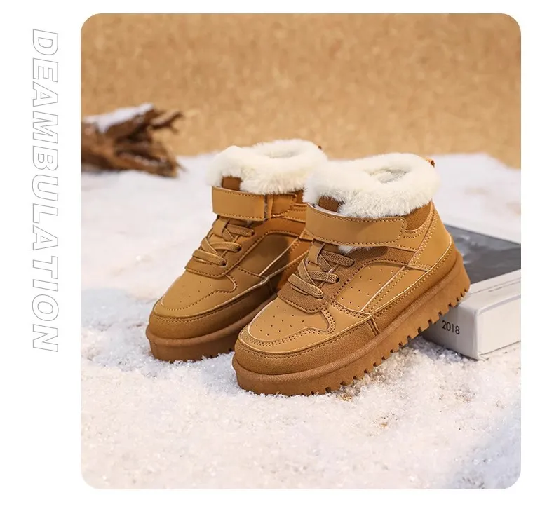 Warm Boys Girls Winter with Fur Kidsnest Kids Snow Boots Children Soft Bottom Shoes Sizes US11C-US6Y_voghion.com