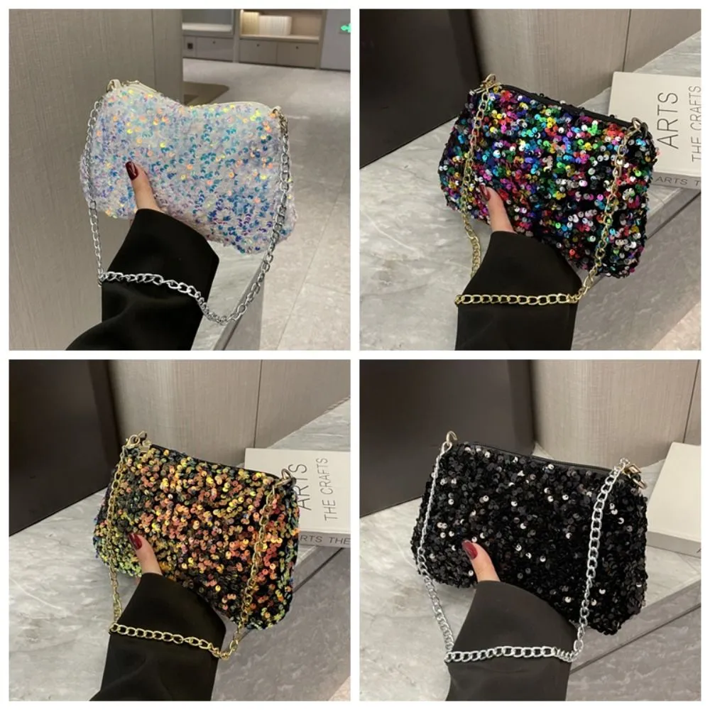 Borsa a tracolla con catena, tinta unita, stile coreano, con paillettes, per telefono, da sera, per cena e feste_voghion.com