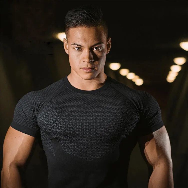 Tricou de vară pentru bărbați, sport, uscare rapidă, tricou de compresie, tricou skinny cu mânecă scurtă, topuri, sport, alergare, Fiess_voghion.com