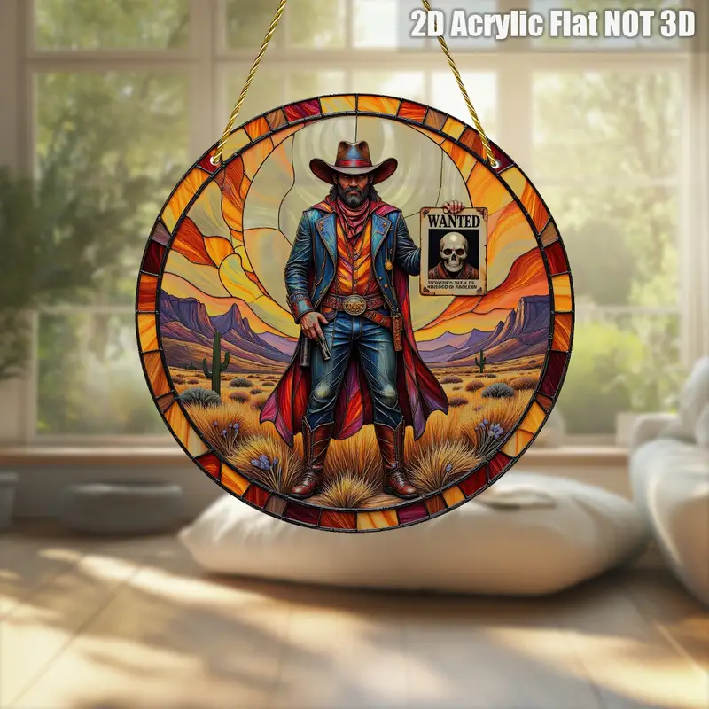 8x8in Western Cowboy Suncatcher - Mystical Outlaw Acrylic Wall Art For Home & Office Decor_voghion.com