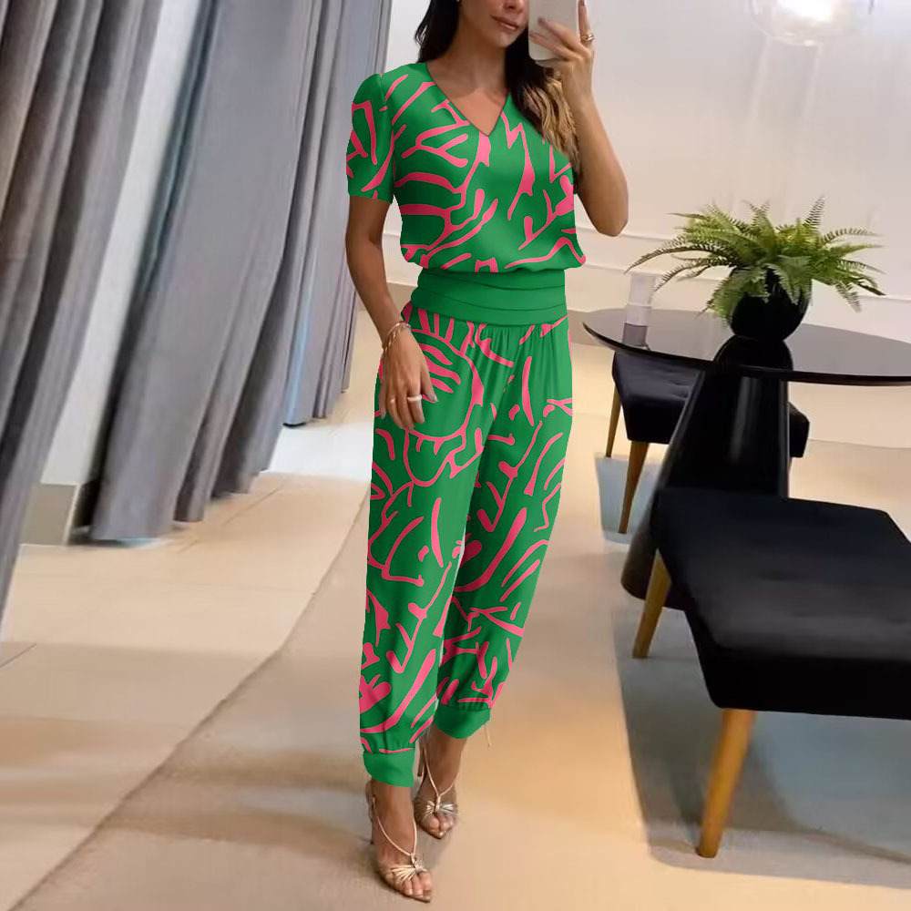 Ensemble deux pièces pour femmes, nouvelle mode et décontracté, col en v, imprimé, manches courtes, pantalon, deux pièces_voghion.com