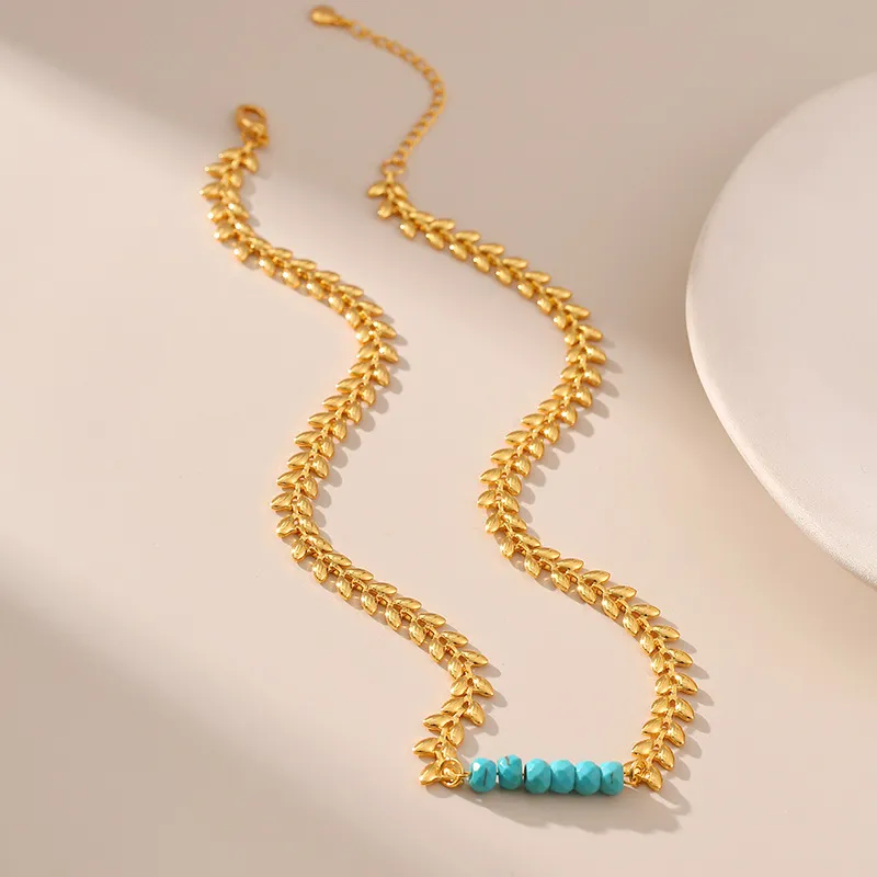 Collier de perles turquoise irrégulières faites à la main pour femmes, chaîne porte-bonheur en forme d'épis de blé dorés, bijoux rétro_voghion.com