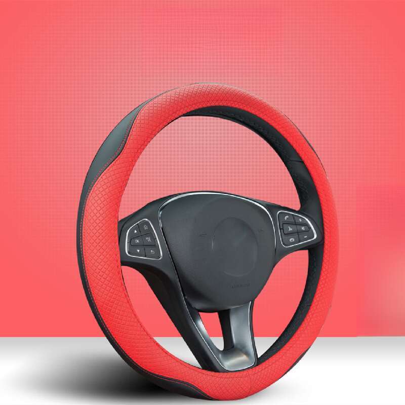 Volante in pelle a doppia aghi con giunture bicolore, coprivolante circolare per auto, coprivolante sportivo minimalista a forma di mulino a vento_voghion.com