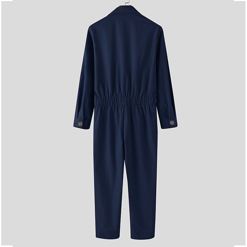 2024 Mænd Ensfarvet Jumpsuit Playsuit Knapper Casual Cargo Tøj Overalls Turn Down Krave Langærmet Oversized_voghion.com