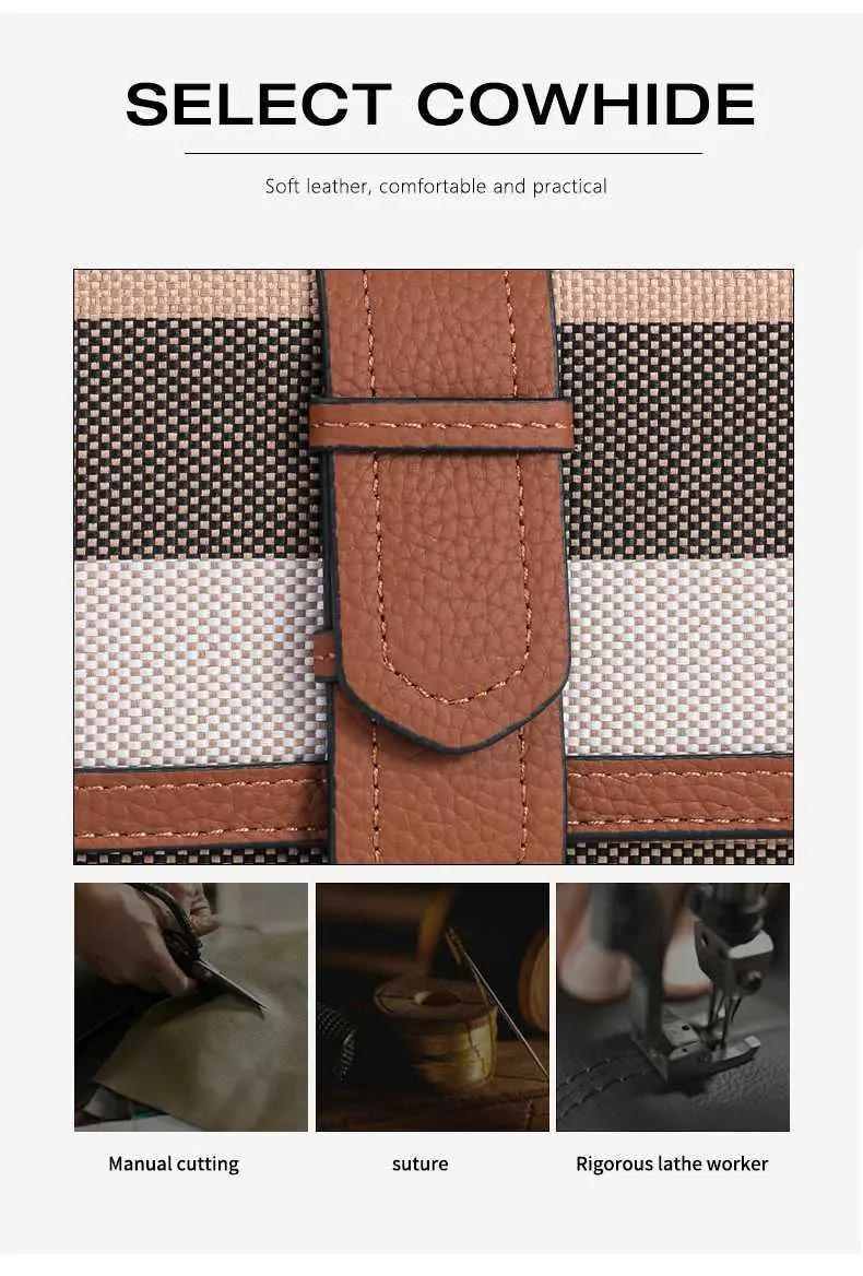 Crossbody Shoulder Handbag In Plaid Canvas And Cowhide Leather_voghion.com