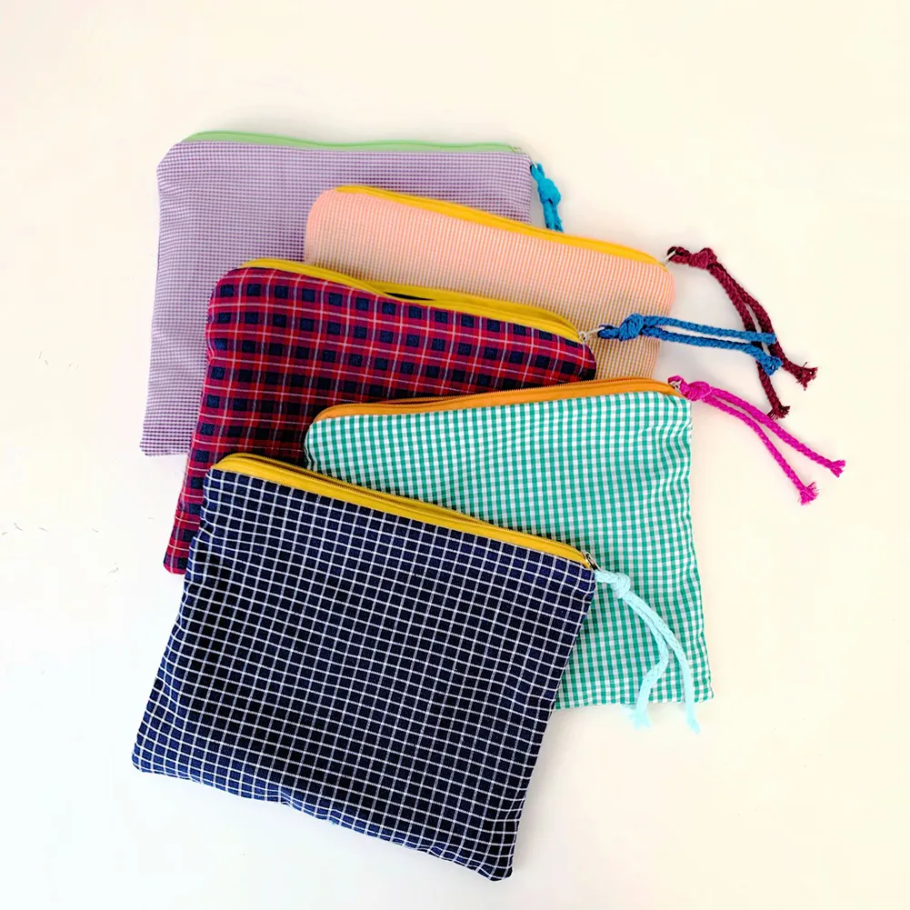 Mode Frauen Plaid Druck Kleine Kosmetik Baumwolle Stoff Make-Up Lagerung Taschen Japan Stil Zipper Kulturbeutel Waschen_voghion.com
