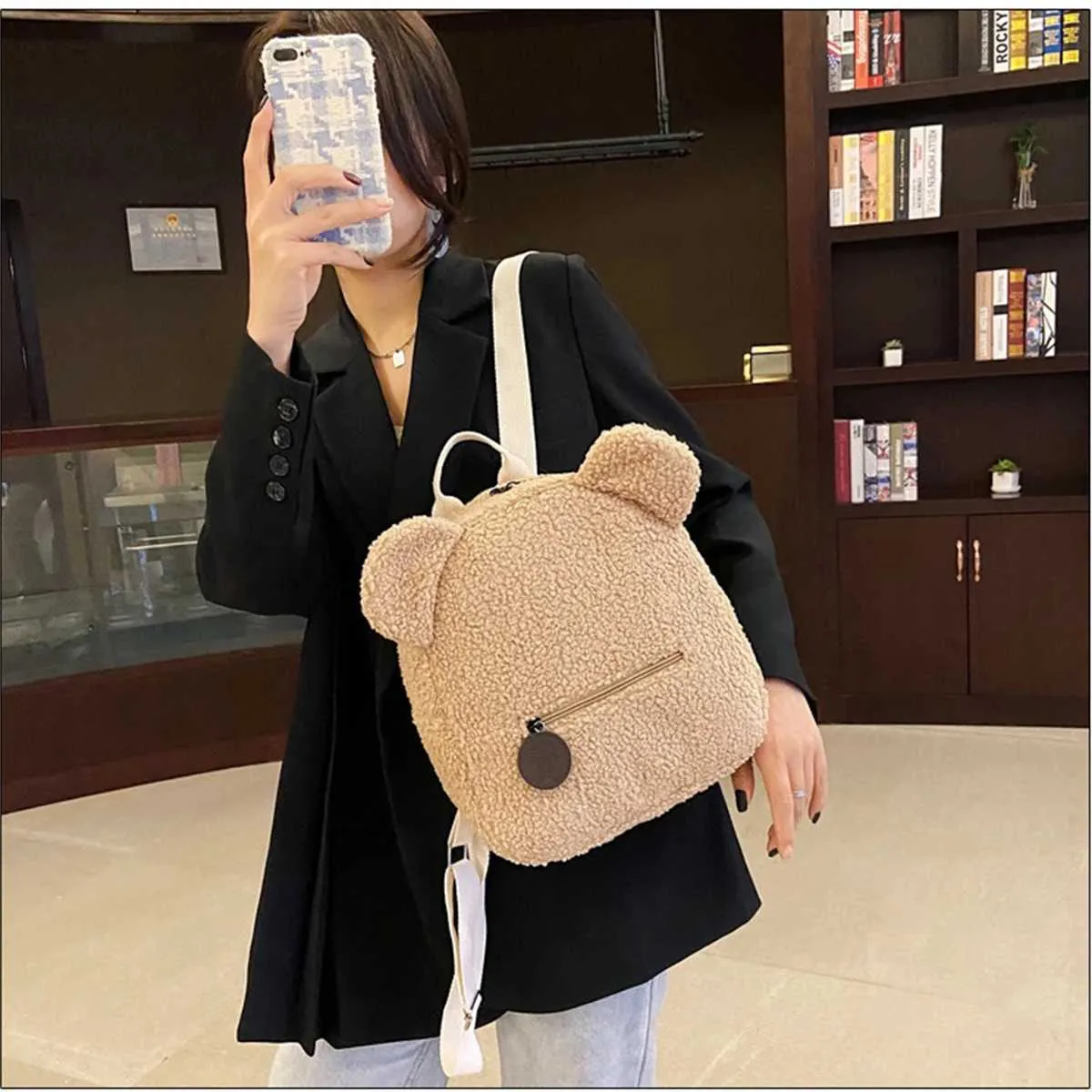 Plüsch Damentasche Herbst und Winter neue koreanische Version süßer kleiner Bär Ohr Rucksack Mädchen Eltern-Kind-Tasche-LJXC241217_voghion.com