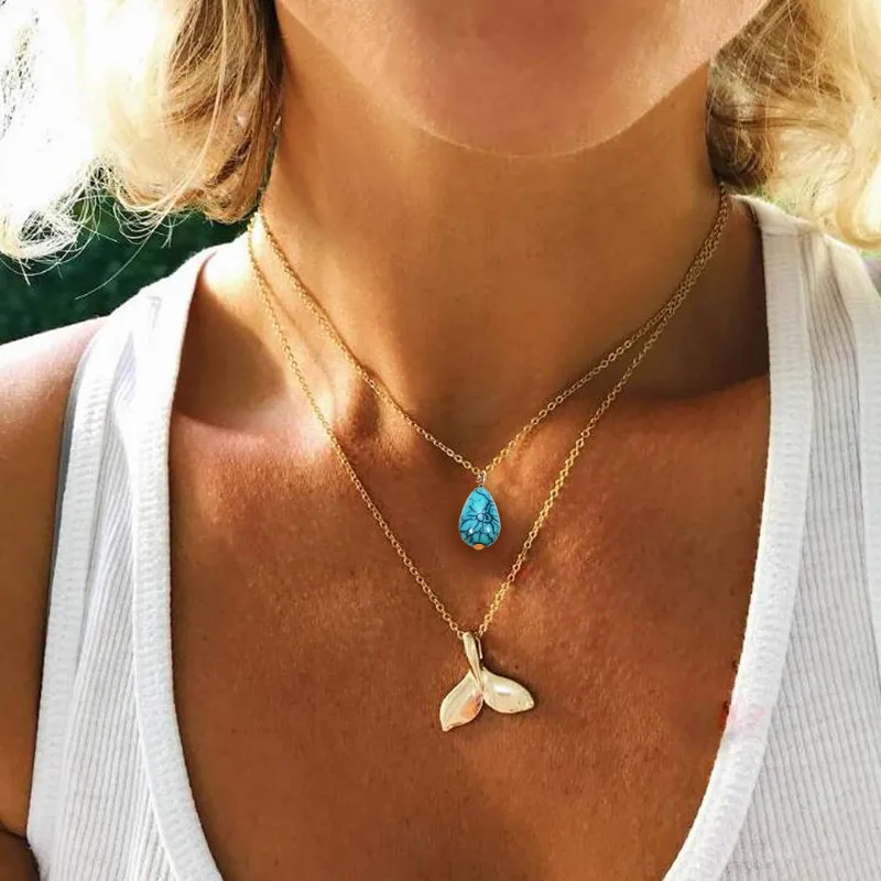 Layered Pendant Necklaces With Turquoise Fishtail Gold Chain Gift_voghion.com