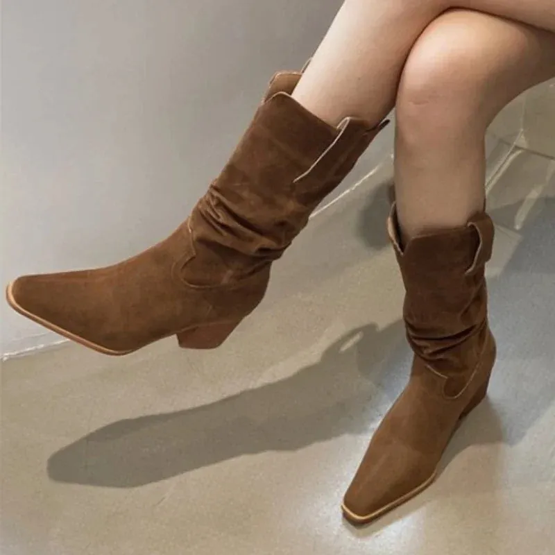 Women's Suede Cowboy Boots With Side Zipper And Pointed Toe_voghion.com