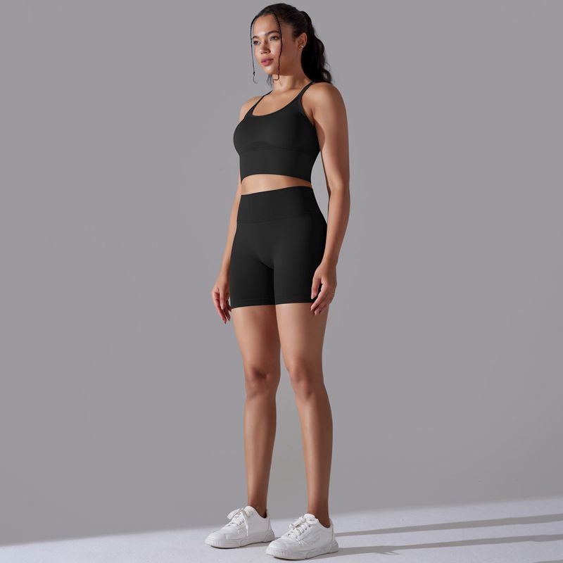 Completo da due pezzi per donna, in maglia senza cuciture, tinta unita, elastico alto, aderente, per yoga e corsa Fiess_voghion.com