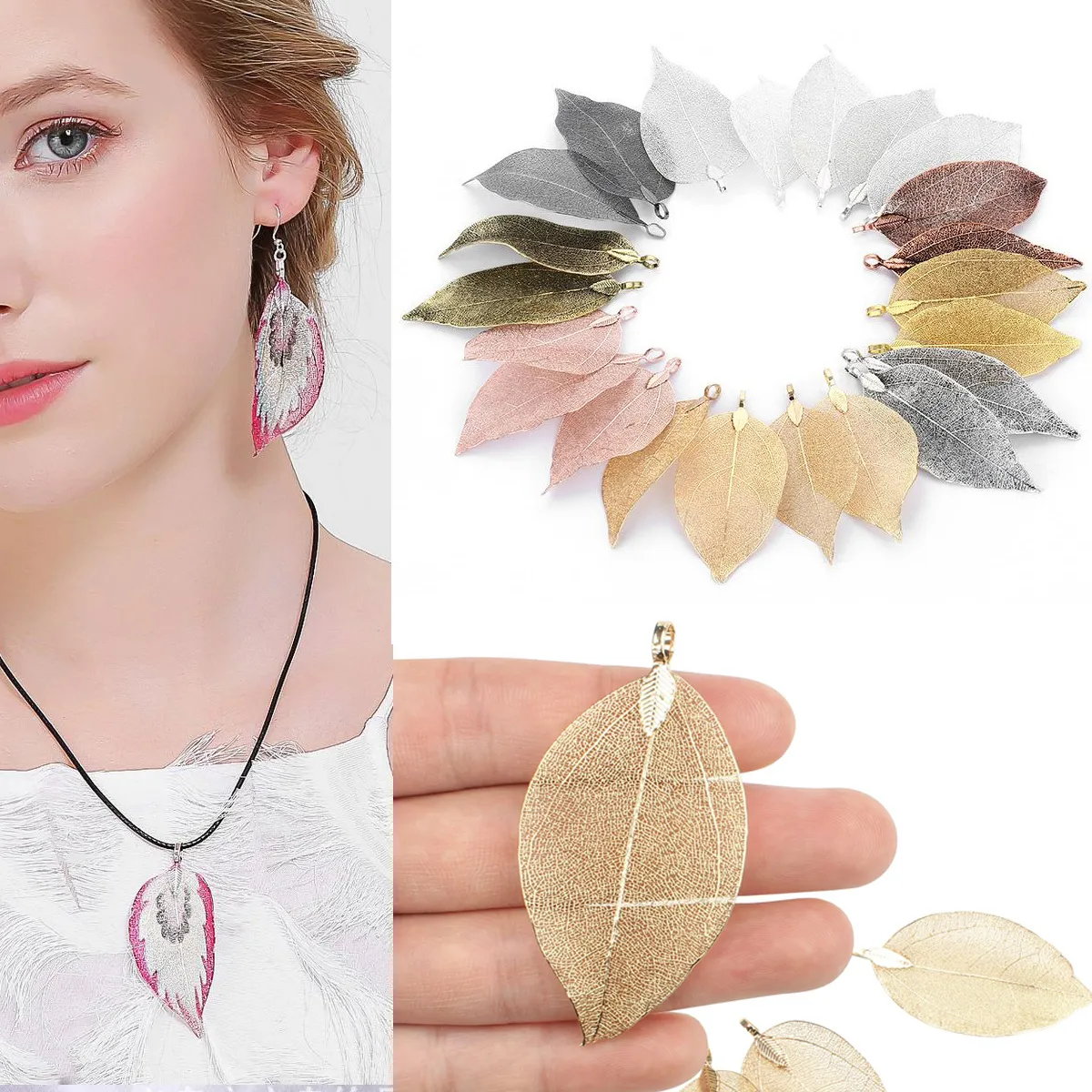 Collana con ciondolo a forma di foglia naturale placcata in oro e argento, orecchini fai da te, perline, ciondoli, accessori, regali perfetti_voghion.com