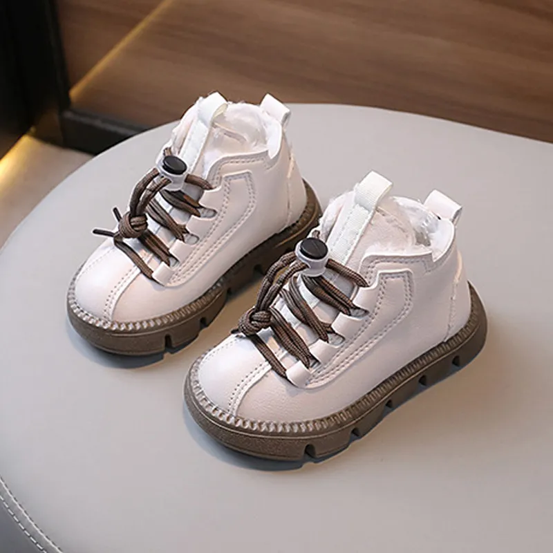 Botas cortas impermeables de cuero Happysteps para niños, zapatos de algodón cálidos y gruesos de felpa para la nieve, de invierno, a la moda, de cuero para niños pequeños_voghion.com