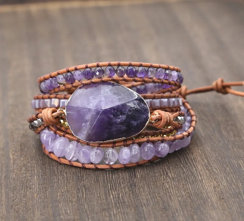 Braccialetti avvolgenti a 5 fili con ciondolo in cristallo di quarzo con pietre naturali, fatti a mano, in pelle, stile boho, da donna, 230814_voghion.com