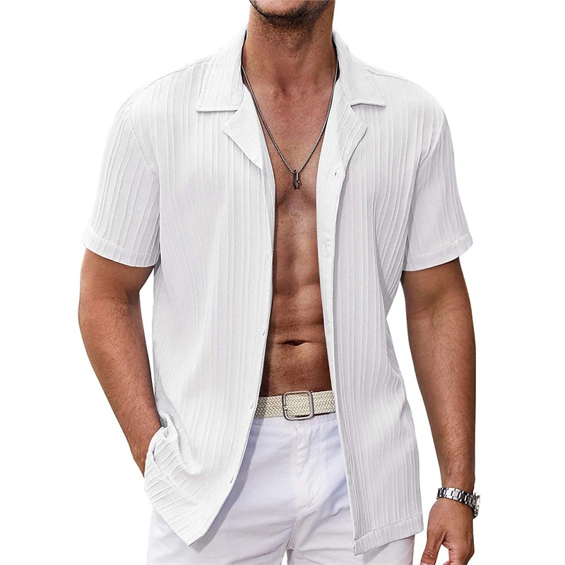 Men's Clothing Striped Casual Suit Collar Thin Summer Short-sleeved Shirt_voghion.com