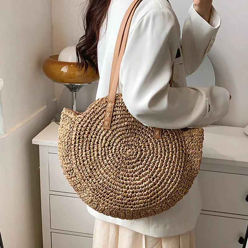 Damen Stroh Schultertasche Für Den Strand Große Handtasche_voghion.com