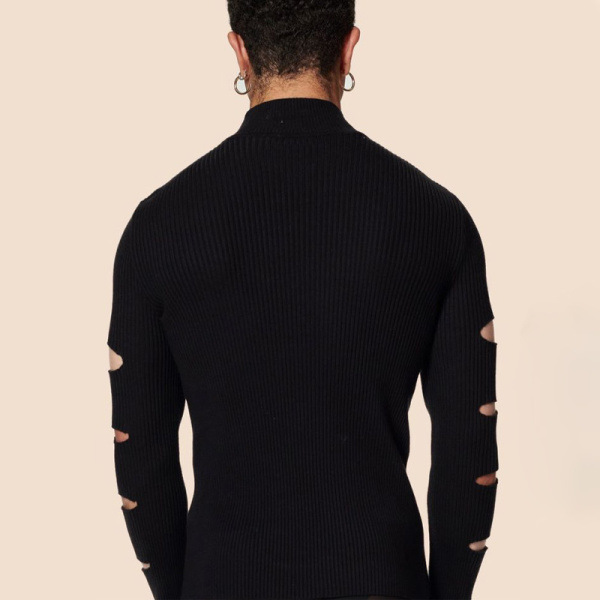 Maglietta nera da uomo di grandi dimensioni con maniche a spacco e collo alto, design alla moda, top nero Dlim_voghion.com