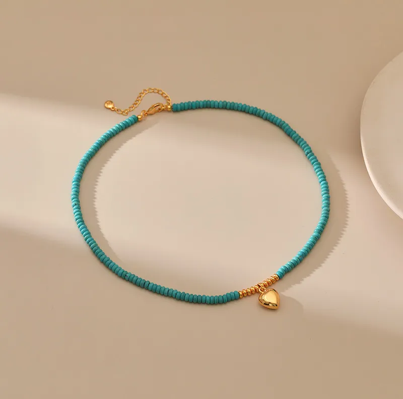 Collier de perles turquoise irrégulières faites à la main pour femmes, chaîne porte-bonheur en forme d'épis de blé dorés, bijoux rétro_voghion.com