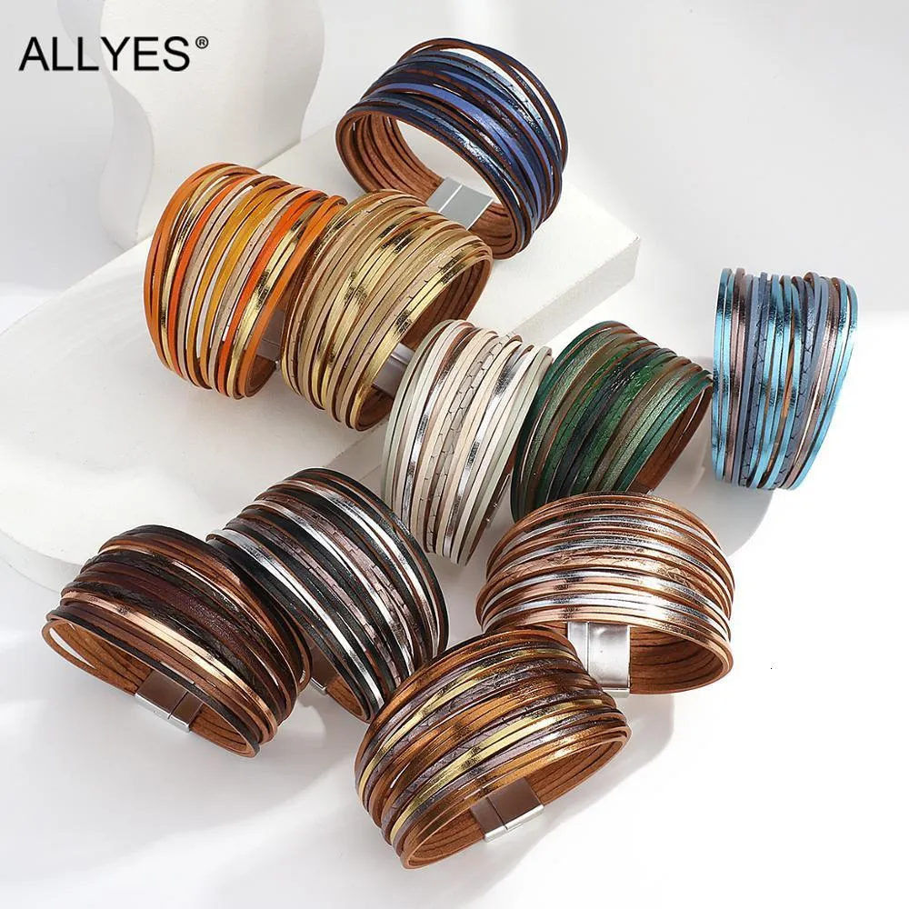 Charm ALLYES Boho Braccialetti in pelle multistrato a strisce sottili per donna Bracciale avvolgente multicolore alla moda Semplice unisex_voghion.com