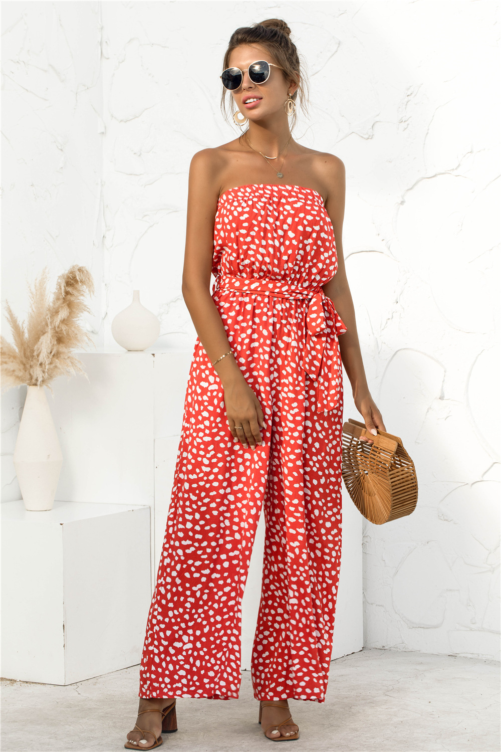 Nuevos productos de verano para mujer, nuevo mono de pierna ancha con cordones y estampado de lunares en forma de corazón y top de tubo sexy_voghion.com