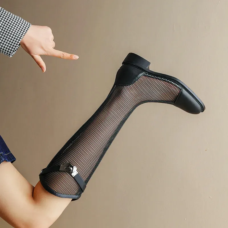 Breathable Leather Mesh Long Boots For Women Fashionable Sandals_voghion.com