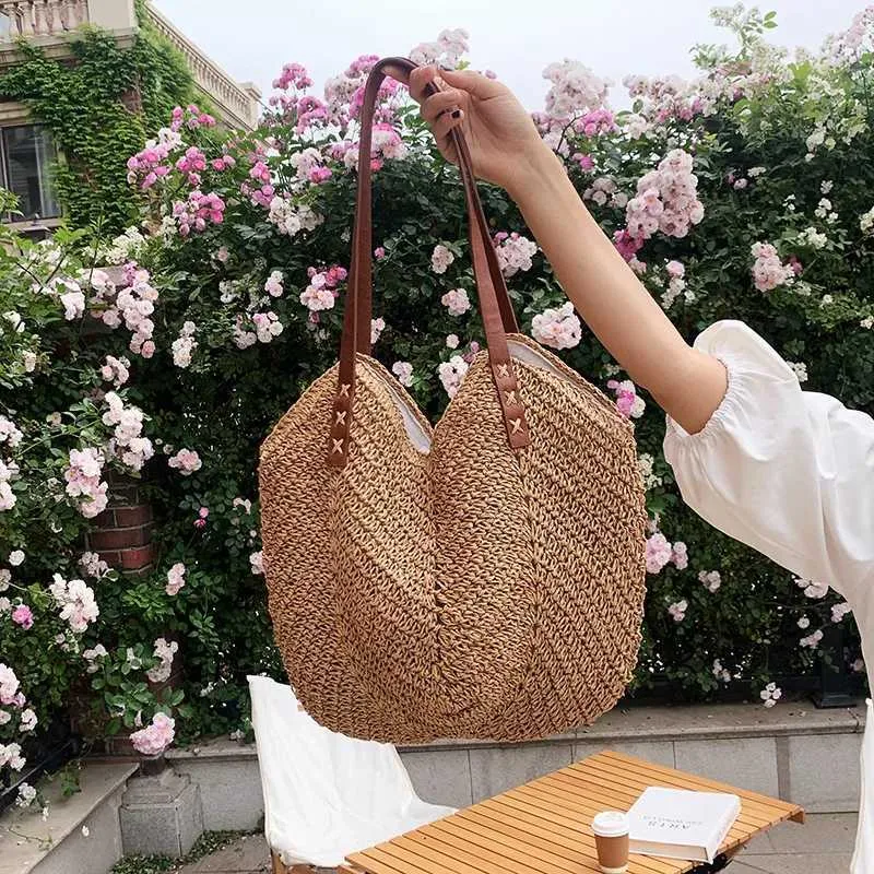 Summer grass woven shoulder bag Latan Beach large capacity handmade vacation travel shopping handbag Y241011_voghion.com