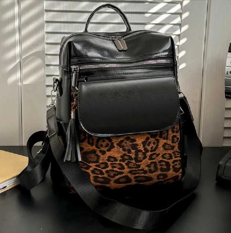 Sacs à dos de voyage en cuir vintage léopard pour femmes, nouvelle mode, grande capacité, sacs à bandoulière, fourre-tout, sac d'école, bandoulière_voghion.com
