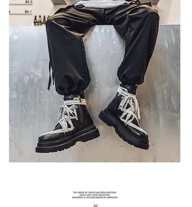 Bottines courtes en cuir à plateforme pour homme, chaussures de moto noires à la mode, style streetwear, 250114_voghion.com