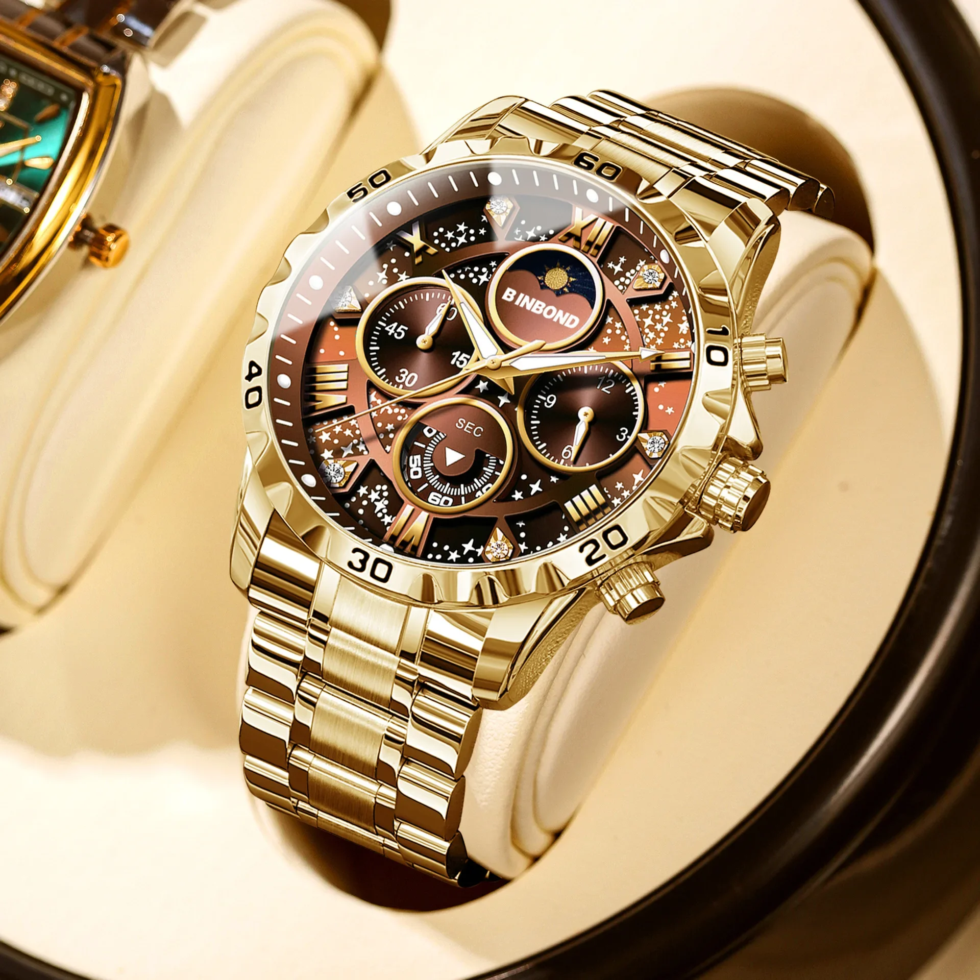 Montre homme quartz multifonction phase de lune acier doré_voghion.com