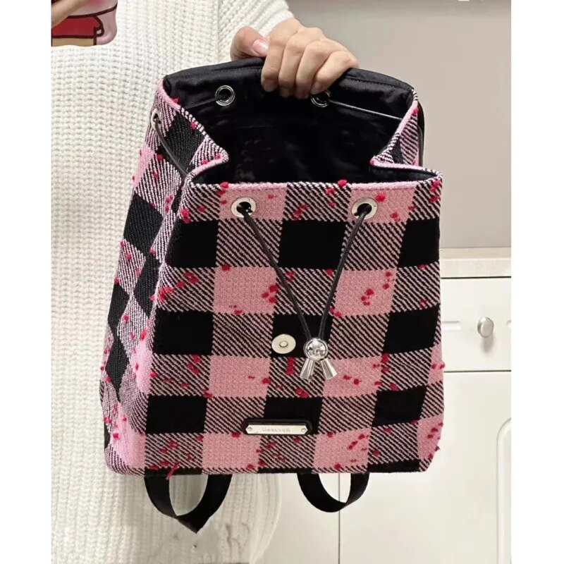 Japa Cavas Drawstrig Backpack Preppy Style Cute Plaid Prit Bag Studet Casual High Capacity Small Tote Bags For_voghion.com