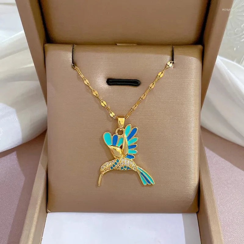 Catene di cristallo colibrì collane per le donne gioielli di moda color oro smaltato uccelli animali ciondolo choker collares_voghion.com