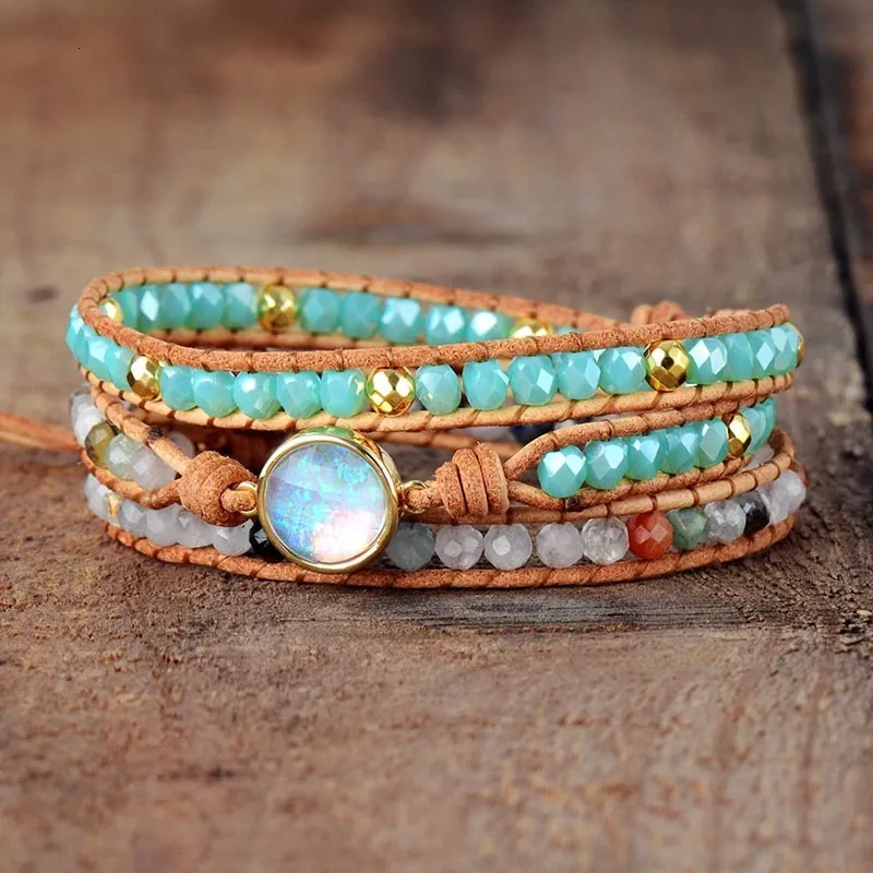 Charm Högkvalitativ Kvinnor Naturlig Opalsten 3 Rader Läderarmband Fancy Femme Boho Armband Dropship 230814_voghion.com
