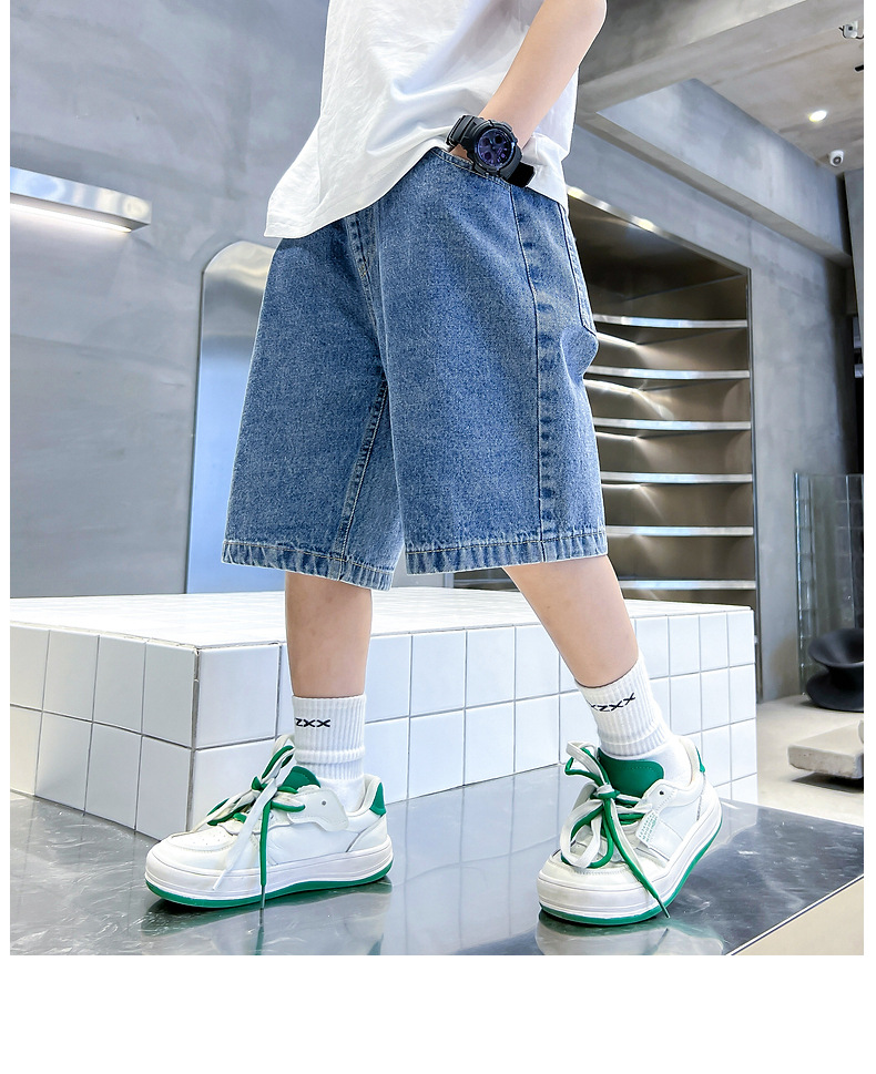 Pantaloni scurți din denim pentru băieți la modă, vara 2024, ediție coreeană nouă, la modă, mărime medie, pantaloni lungi pentru copii_voghion.com