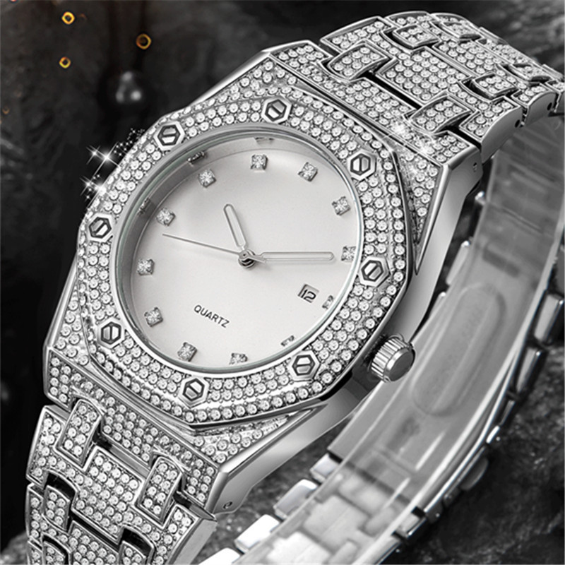 Män Hip Hop Diamond Golden Brand Date Quartz klockor_voghion.com