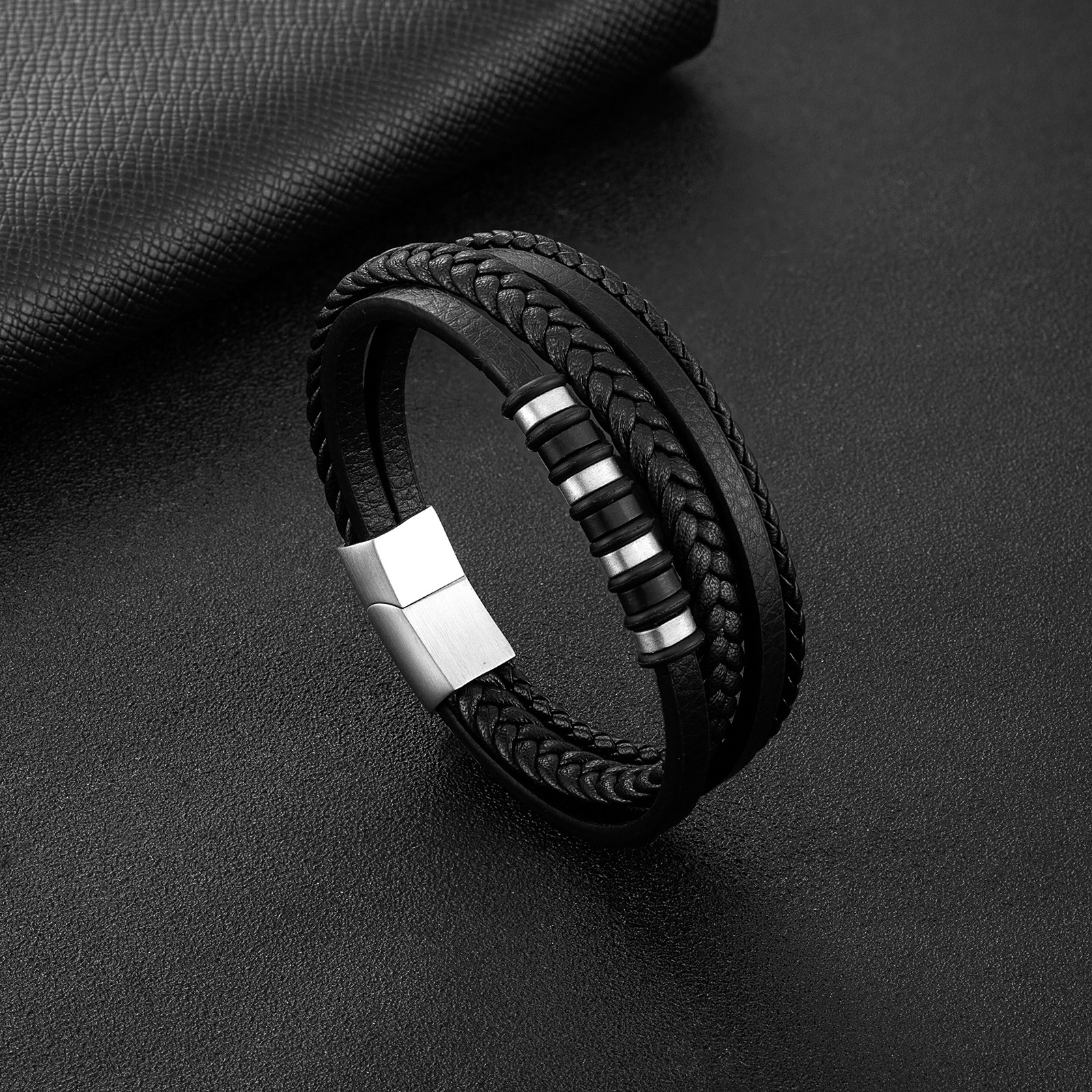Bracciale in pelle intrecciata multistrato semplice da uomo, stile hip hop punk rock street, bracciale in pelle intrecciata bicolore da uomo_voghion.com