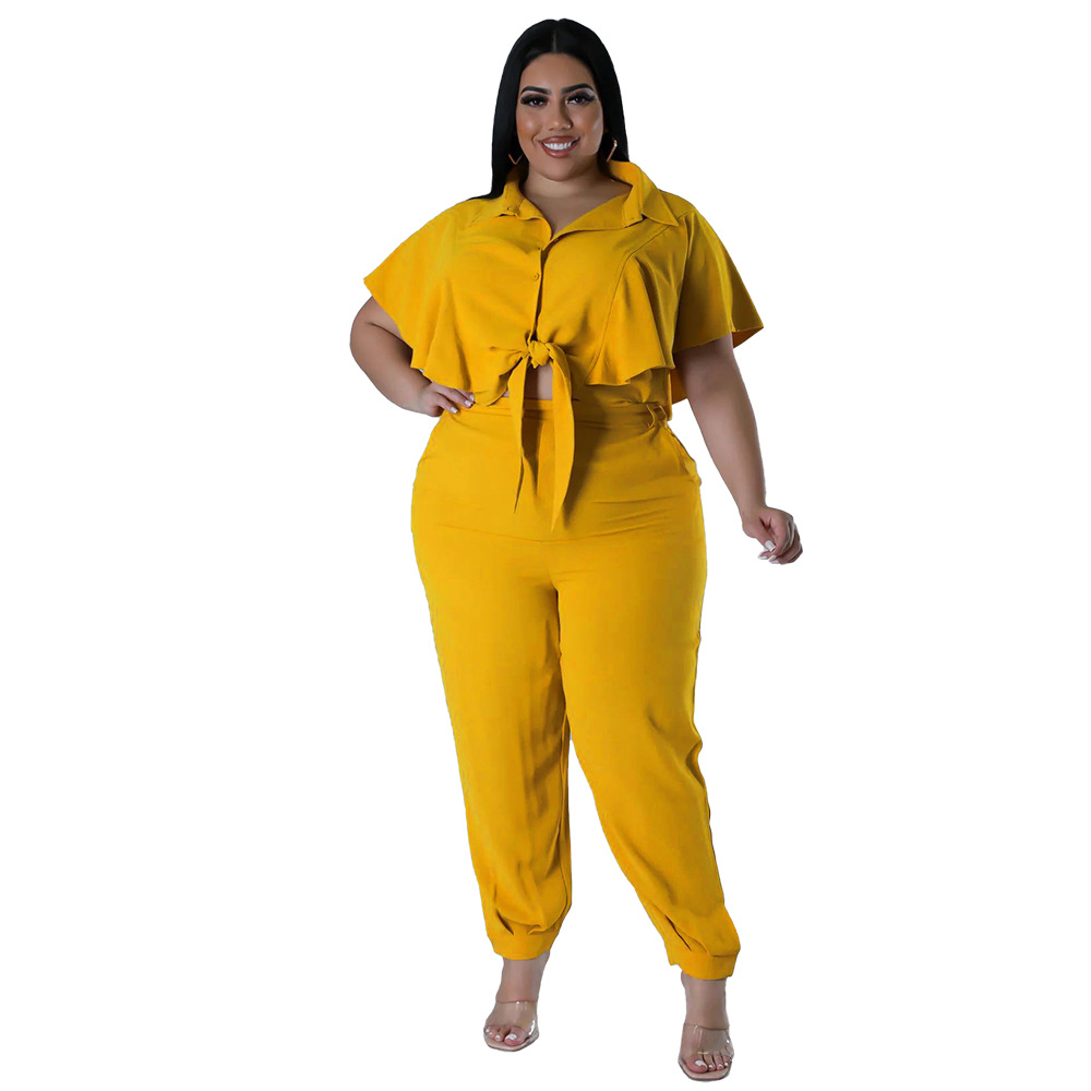 Audday N7984 Women's New Summer Button Lace-up Solid Color Fashion Casual Two-piece Set_voghion.com