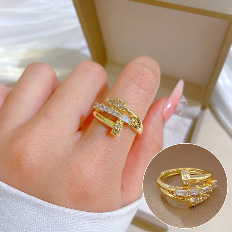 【 Real Gold Plating 】 Open nail children’s fashion micro inlay light luxury ring index finger ring with internet red and