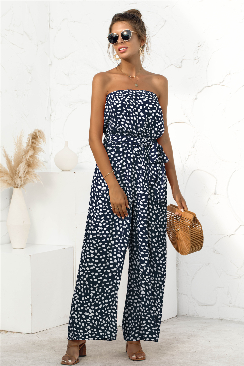 Nuevos productos de verano para mujer, nuevo mono de pierna ancha con cordones y estampado de lunares en forma de corazón y top de tubo sexy_voghion.com