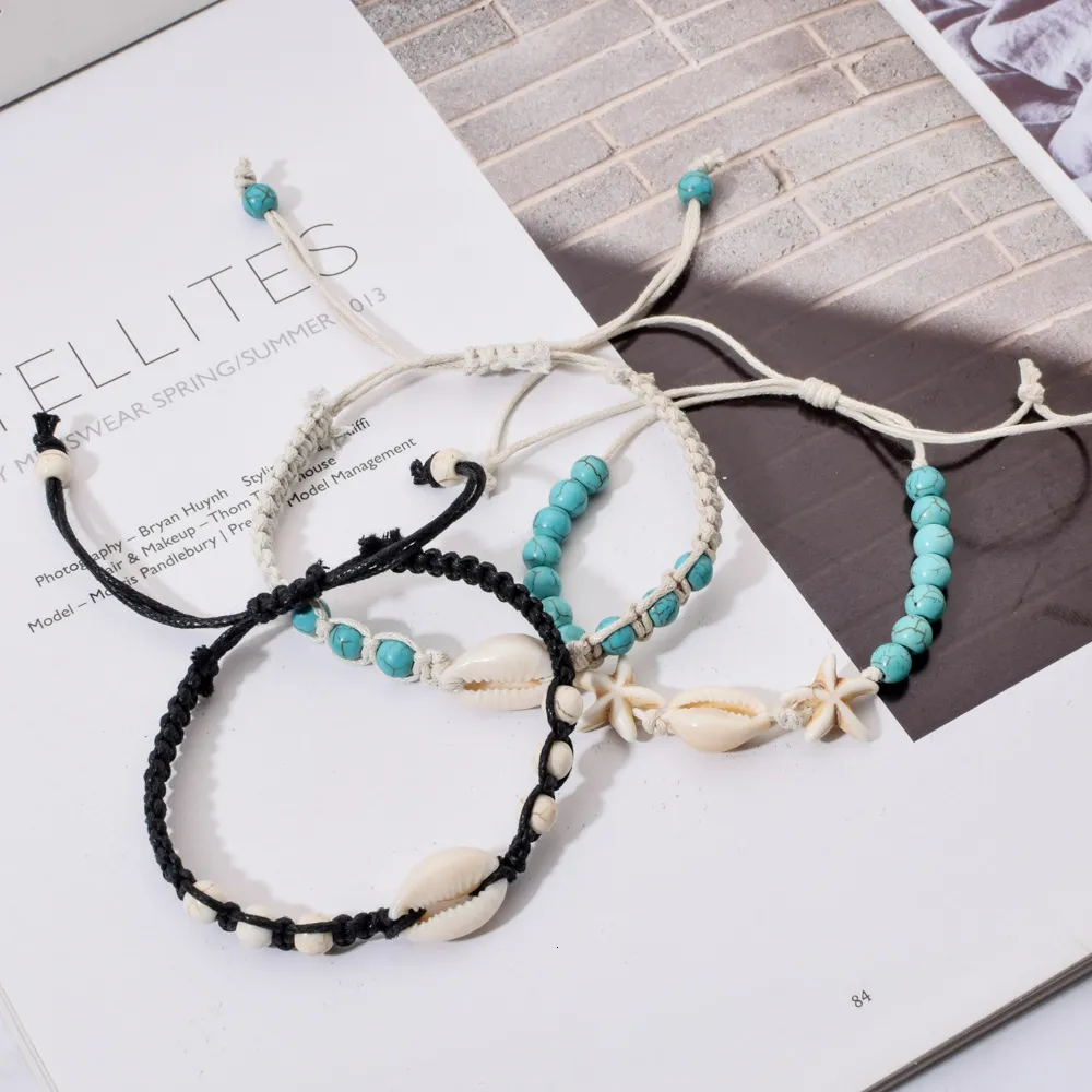 Kette Summer Séistär Muschel Gewieft Unisex Verstellbar Wachsseel Türkis Perlen Fousskett Bracelet Fraen Männer Boho Strand_voghion.com