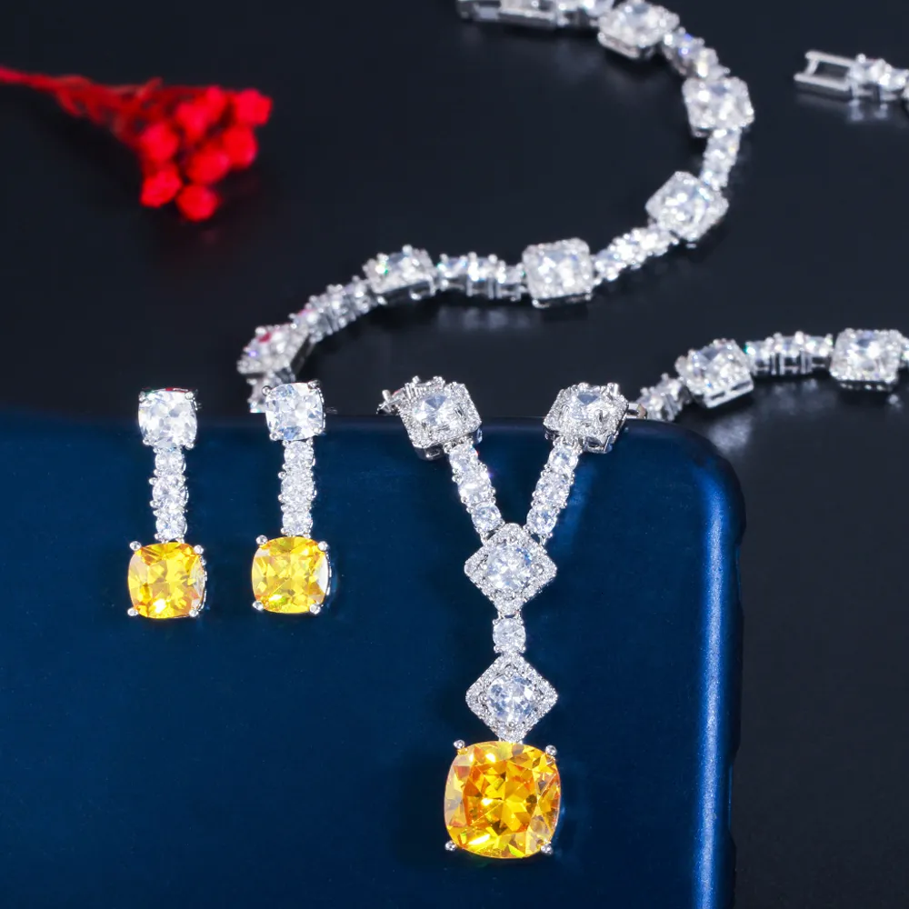 ThreeGraces Elegant Gul CZ Krystal Sier Farve Store Firkantede Dråbeøreringe Halskæde Bryllupsfest Smykkesæt til Kvinder_voghion.com