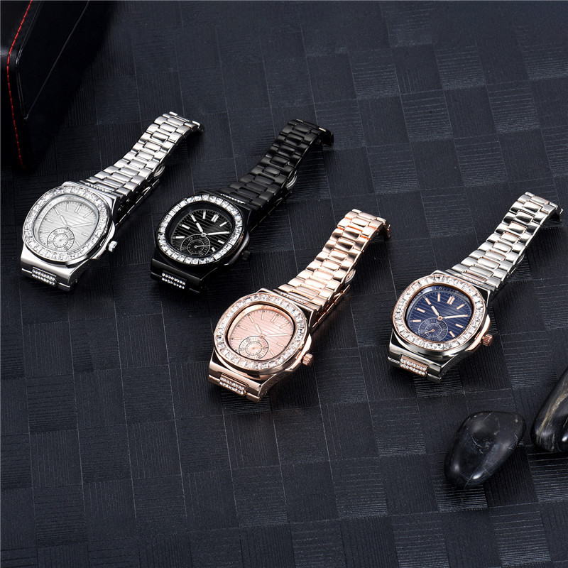 Orologio al quarzo da uomo alla moda con strass - Stile minimalista business e hip hop - Cassa in lega resistente all'acqua - Chiusura per gioielli in acciaio inossidabile_voghion.com