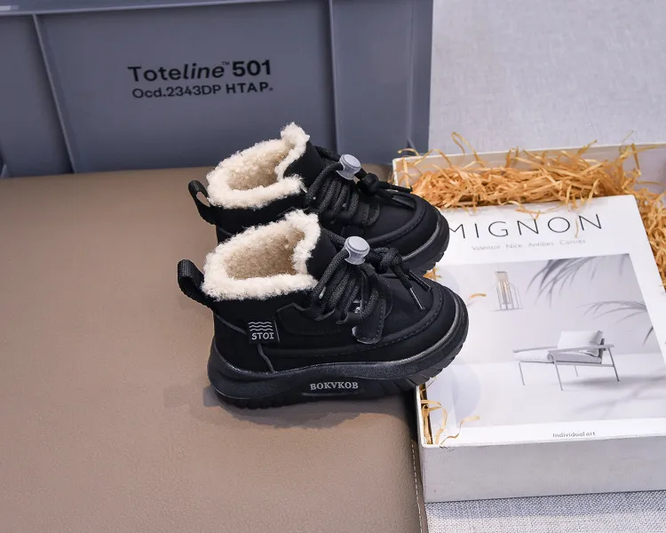 Toddler PU Leather Snow Children Thick Warm Boy's Cotton Anti-slip Girl Fur Boots For Cutefeet Kids Winter Plush Shoes_desvips.com