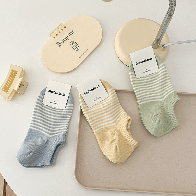 Low Cut Cotton Socks For Women Versatile Striped Candy Colours_voghion.com