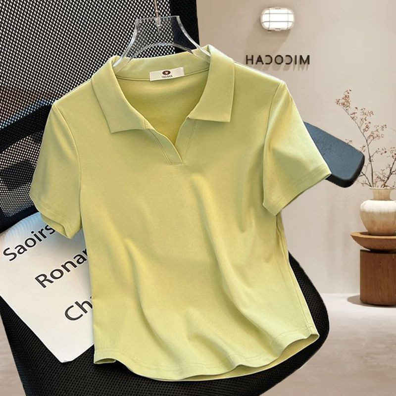 Women's Clothing New Straight Shoulder Polo Collar Short Sleeved T Shirt For Women Slim And Versatile Blank Version T Shirt Top
