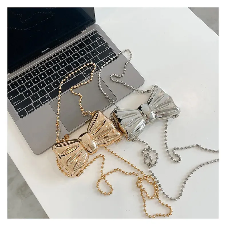 Borsa a mano con catena lunga in oro e argento con fiocco, da sera, da donna, con manico superiore in conchiglia, borse e borsette da festa per matrimonio 241212_voghion.com