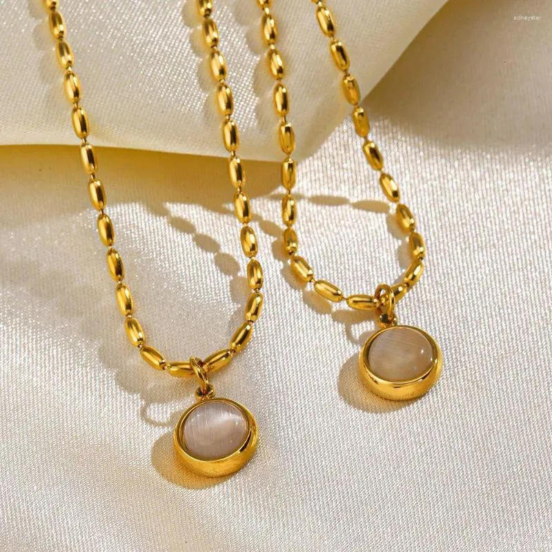 Halsketten mit Anhänger, kleine runde Jade-Halskette für Frauen und Mädchen, trendig, schlicht, goldfarben, Edelstahl, Halskette, Schmuck_voghion.com