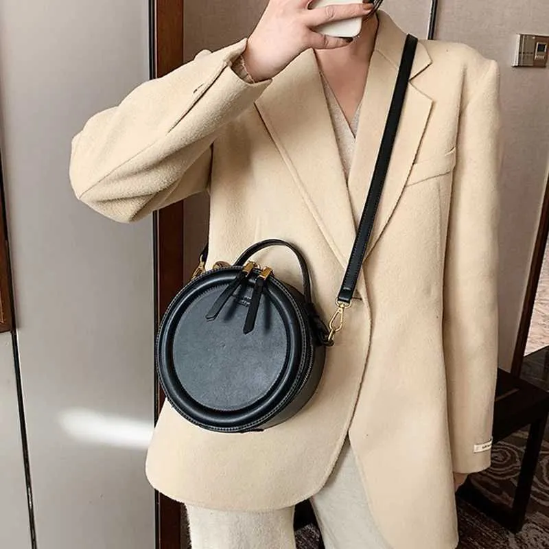 Einfarbig PU Leder Schulter Umhängetasche Für Frauen Runde Kleine Handtasche Mode Designer Taschen Weibliche Zipper_voghion.com