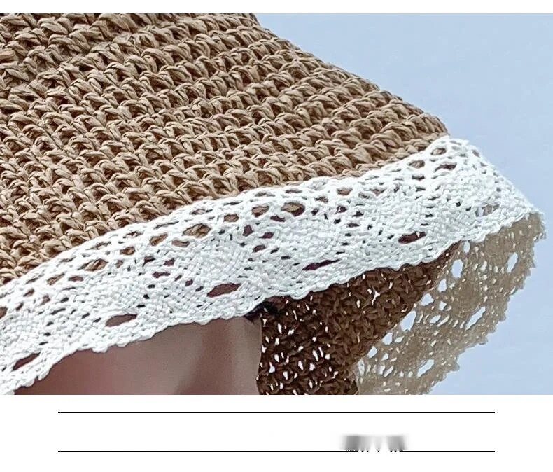 Internet famous straw female summer lace tied hat, fresh refreshing beach vacation, sun protection and shading hat strap_voghion.com