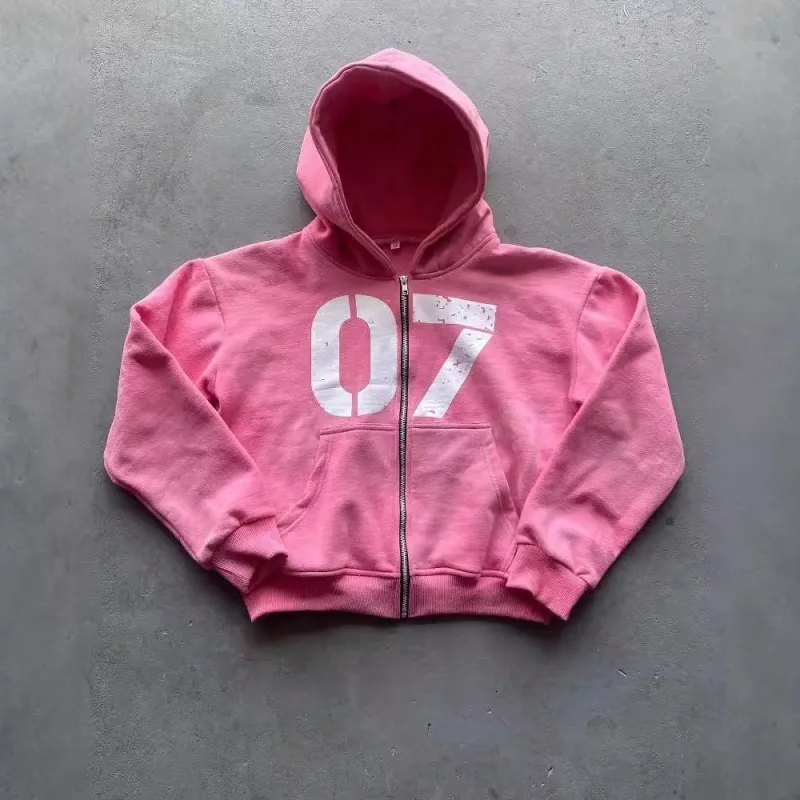 Pinkfarbener Oversize-Sweatshirt-Hoodie im Grunge-Stil mit Reißverschluss und Buchstabenprint, Damen-Gothic-Y2K-Tops im Harajuku-Streetwear-Look_voghion.com