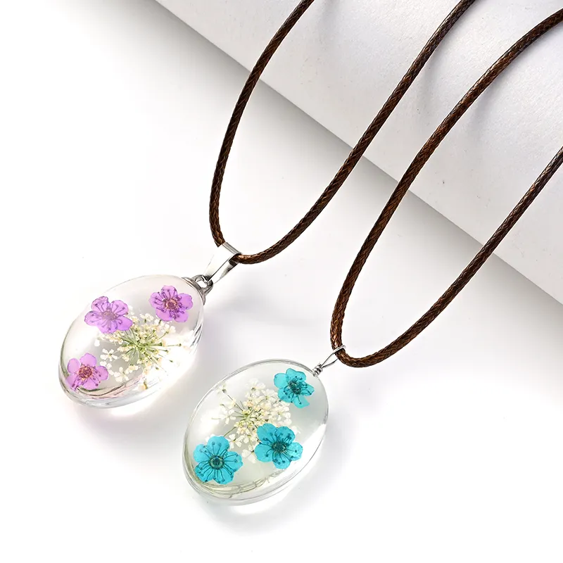 Chaînes Transparent Ovale Véritable Fleur Naturelle Séchée Verre Pendentif Chaîne En Cuir Collier Jonquilles Marguerite Blomoss Pétale_voghion.com